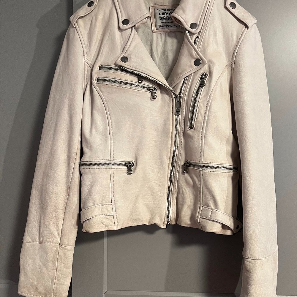 Preowned Levis Women's Cream White Real Leather Moto Jacket Size Small